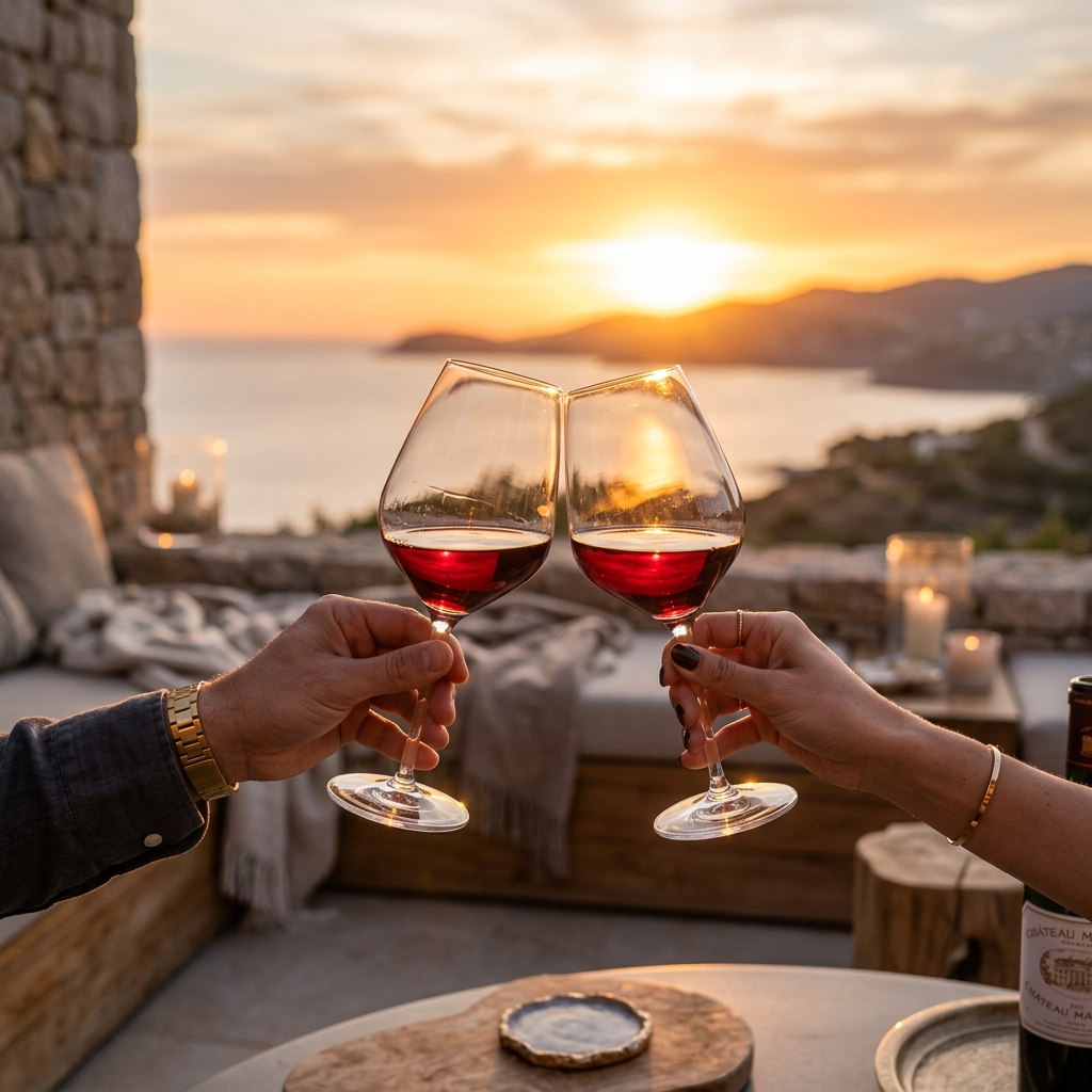 Red wine glasses sunset
